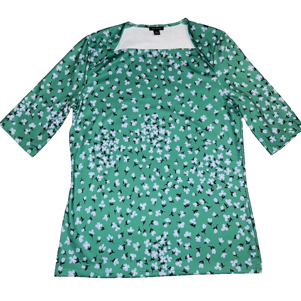 Ann Taylor Top Floral Stretch Envelope Neck Shirt Women's Size M Green Half Slv - Picture 6 of 8